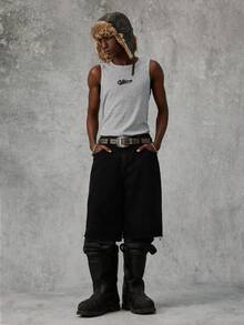 AXEPEAK Men's Letter Print Loose Round Neck Tank Top - Black - View 3