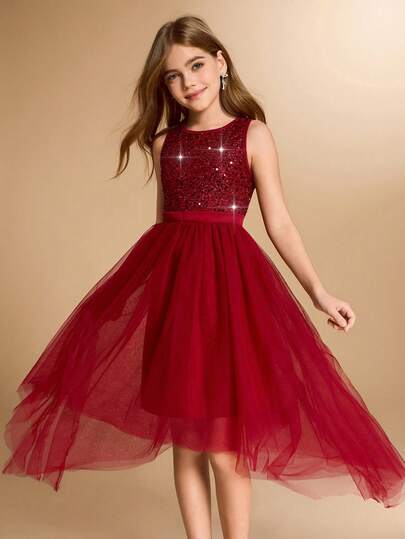 Tween Girls Elegant Luxurious Wine Red Scoop Neck Sleeveless Sequin Mesh Long Dress, Suitable For Evening Party, Wedding, Flower Girl, Prom, Christmas, Halloween, Graduation Season