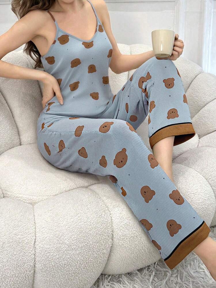 Conjunto de pijama de camiseta de tirantes con cuello en V y pantalones con estampado de oso - Multicolor - Añade 4