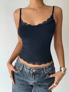 Aloruh 女士基本款休闲蕾丝边吊带背心 - 藏蓝色 - 查看 5