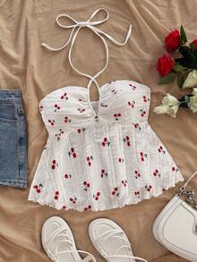 Soleia Áo ba lỗ dây mảnh họa tiết quả anh đào dễ thương cho kỳ nghỉ - trắng - Xem 3