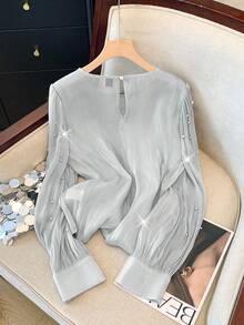 GlowEve 标准尺寸女式法式奢华串珠衬衫 - 淺灰色 - 查看 2