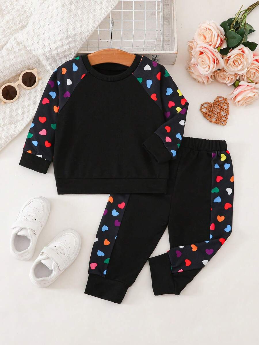 2pcs/Set Toddler Girls' Autumn New 2025 Black Raglan Sleeve Colorful Heart Crew Neck Long Sleeve Pullover Sweatshirt And Loose Cuffed Pants Sports Casual Suit