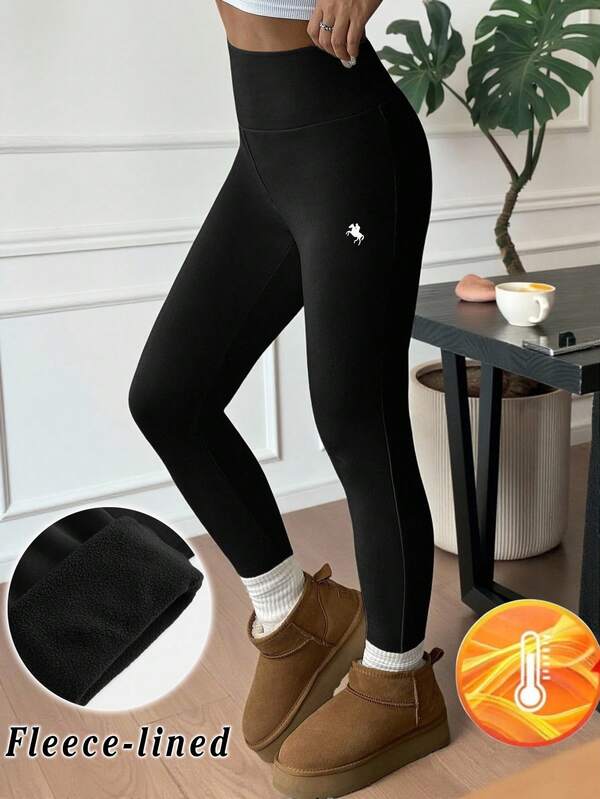 SHEIN Serisse Kids Tween Girls' Basic Solid Color High Waist Polo Logo Print Thermal Lined Skinny Black Leggings, Casual For Autumn/Winter