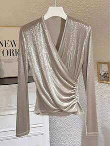 GlowEve Blusa elegante de terciopelo color albaricoque para mujer, otoño/invierno