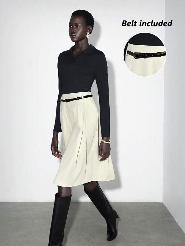 Lumivelle Elegante vestido midi de manga larga con cuello polo y bloques de color (con cinturón), otoño