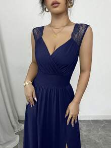 Rafferiza French Elegant Lace Trim V-Neck Pleated Waist Open Slit A-Line Long Dress, Khaki, Suitable For Daily Wear, Banquet, Wedding, Spring/Summer - Navy Blue - View 7