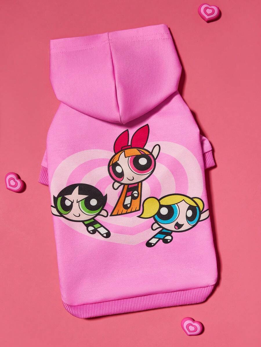 THE POWERPUFF GIRLS X SHEIN 1 Cute Cartoon Print Pet Hooded Sweatshirt, Cat Clothes, Dog Clothes, Size XXS-XXXXL, Extra Small, Extra Large, Bubbles, Buttercup, Blossom, Heart, Friendship,Gift Ideas - 粉色 - 查看 1