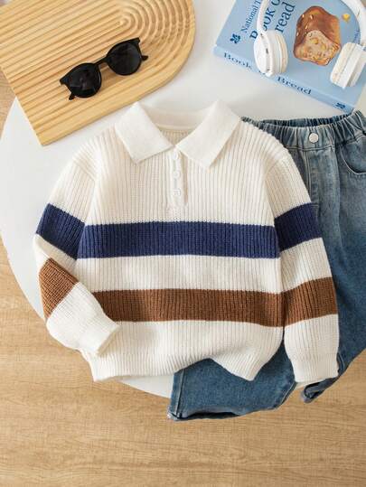 Genkimix Kids Toddler Boys' Fashionable Colorblock Striped Half-Zip Knit Sweater, Long Sleeve, Autumn/Winter