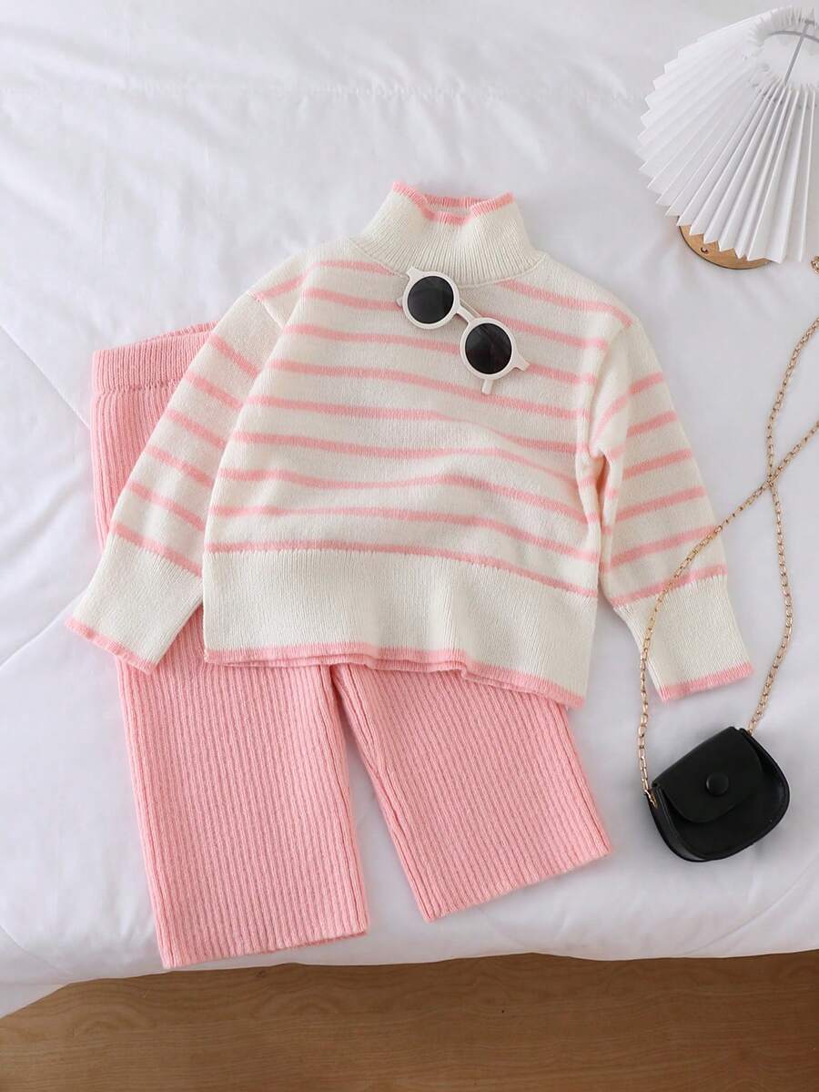 少女厚针织高领毛衣和裤子套装，秋冬 - 淺粉色 - 查看 1