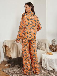 Bubble Wrinkle Print Lapel Long Sleeve Top & Pants Pajama Set, Fall & Winter Clothes - Multicolor - View 6