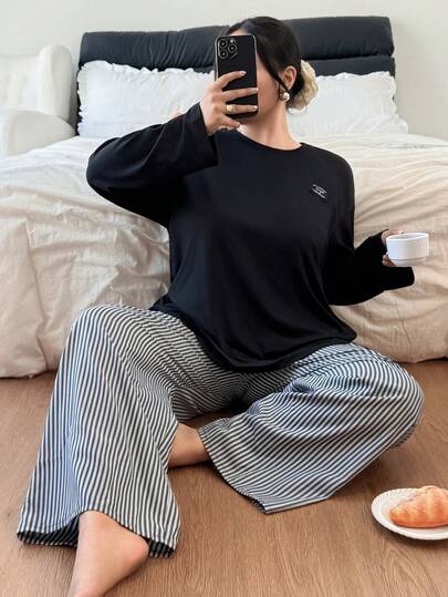 SHEIN 2件套女士加大码字母刺绣针织圆领长袖上衣和条纹长裤睡衣套装，冬季服装