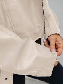 SAYEHFBABY 女式纯色长袖拉链立领休闲机车夹克，秋季 - 米色 - 查看 4