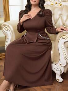Modelyn Plus Size Women Elegant 3D Floral V-Neck Dress - Coffee Brown - View 8