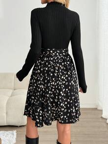 SHEIN LUNE 女士休闲豹纹拼接长袖连衣裙优雅半身裙猎豹纹长袖优雅连衣裙秋季女装连衣裙冬季女装职业装商务休闲女装冬季女装休闲装 - 彩色 - 查看 2