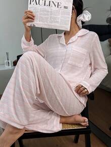 Dream Adore Striped Casual Long Sleeve & Pants Pajama Set, Autumn/Winter - Pink - View 1