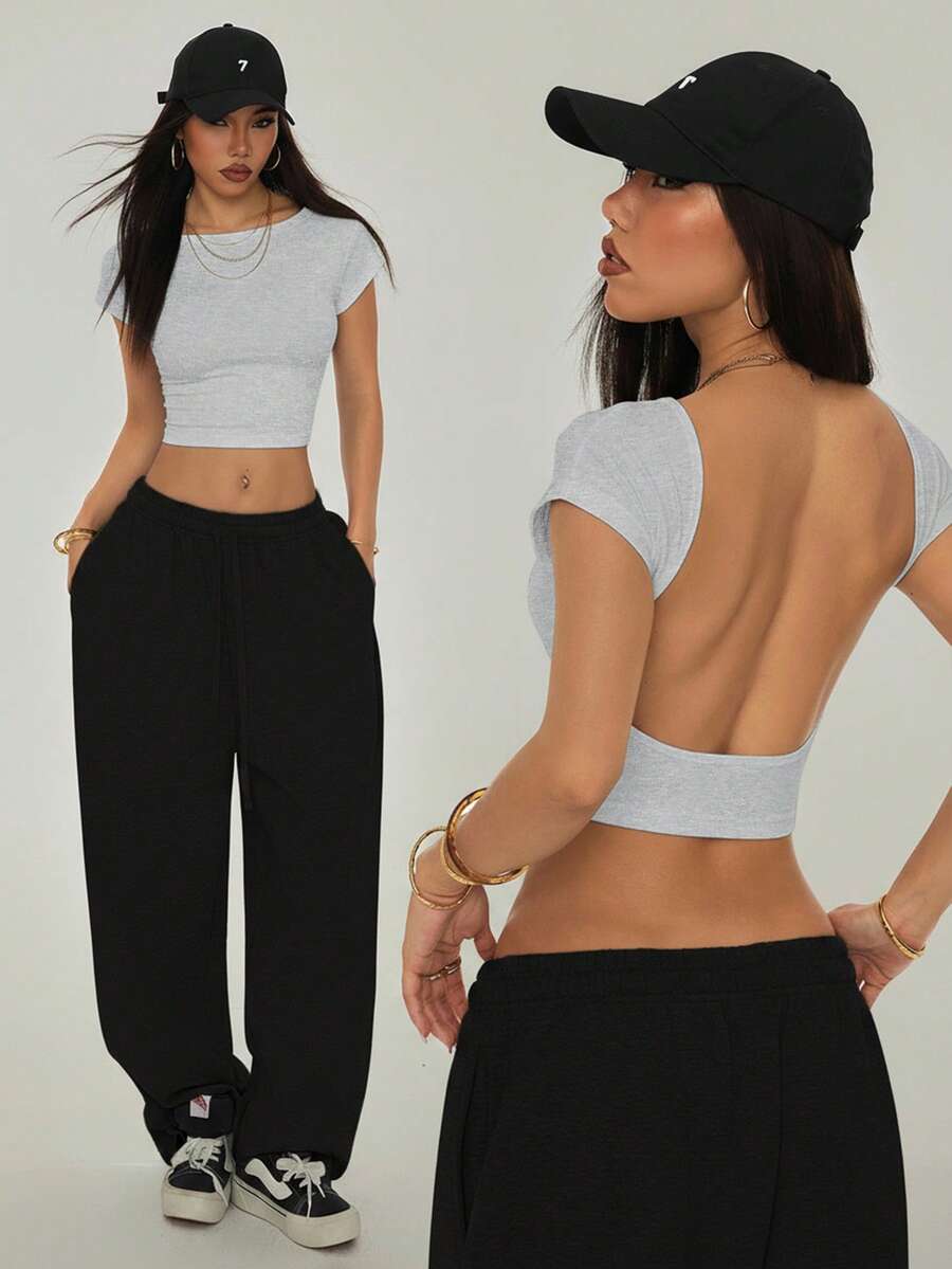 SHEIN PETITE Camiseta negra sin espalda, adecuada para el verano - Gris Claro - Ver 1