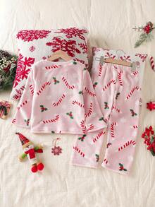2pcs/Set Young Girls' Christmas Candy Cane Print Fleece Pajamas,Soft&Comfortable Pullover Sleepwear Pink Holiday Autumn Family Matching Fall Winter - Pink - View 2