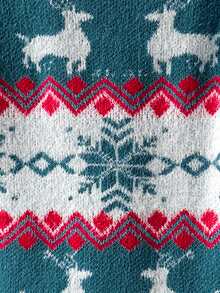 SHEIN LUNE Women's Casual Christmas Reindeer & Snowflake Patchwork Pattern Dropped Shoulder Loose Pullover Sweater, Autumn/Winter - Blue Power - View 5