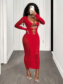 BamGleam Đầm ôm body tay dài khoét sâu gợi cảm phối ren trơn màu dành cho nữ - Màu Đỏ Sâu - Xem 6