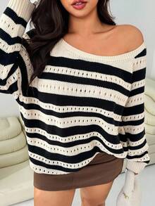 SHEIN EZwear 大码女式条纹镂空插肩袖宽松休闲套头衫女式条纹套头衫大码女式套头衫秋冬装 - 彩色 - 查看 2