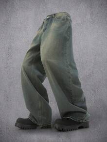 Manfinity Denimwave Quần jeans ống rộng Manfinity Streetstyle dáng rộng có túi rách phong cách Punk Punk Y2K màu xanh dương giặt axit dành cho nam - Rửa trung bình - Xem 1