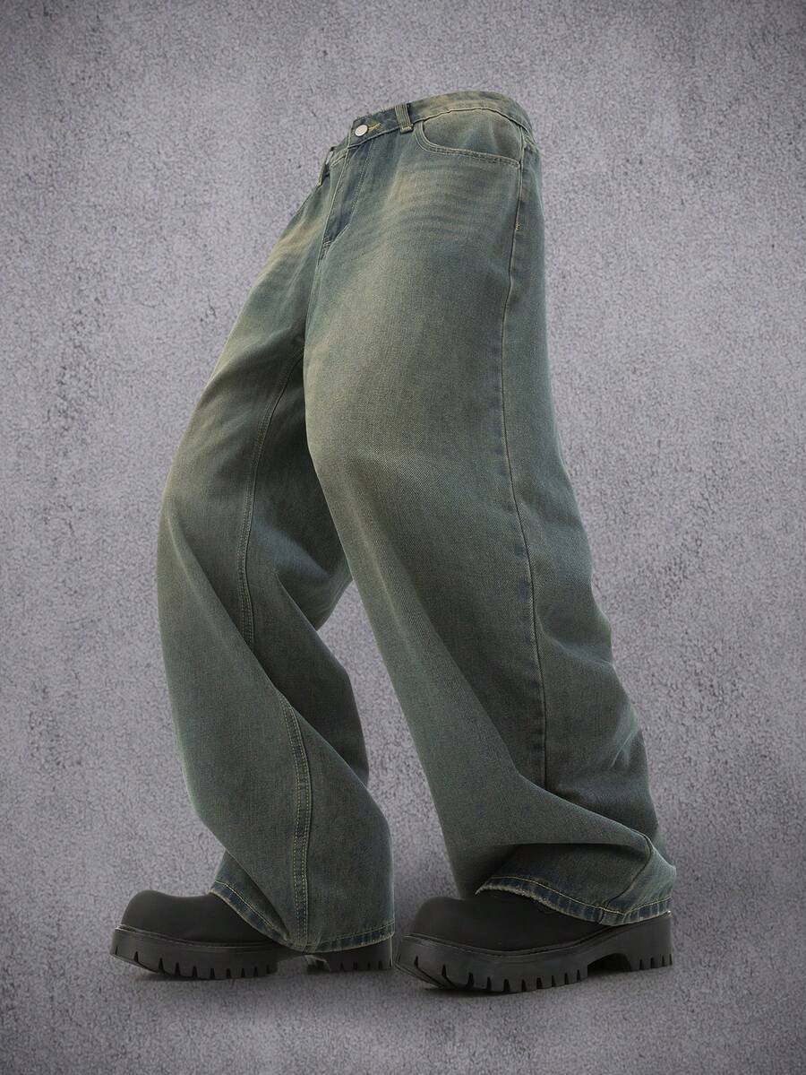 Manfinity Denimwave Quần jeans ống rộng Manfinity Streetstyle dáng rộng có túi rách phong cách Punk Punk Y2K màu xanh dương giặt axit dành cho nam - Rửa trung bình - Xem 1