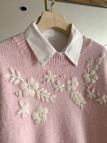 SHEIN Franclia Áo len dài tay cổ tròn thêu họa tiết cổ điển dành cho nữ - Hồng - Xem 5