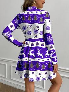 Glamance Polina Brazil Christmas Striped Navy Blue New Year's Eve Party Dress, Casual Minimalist Women's Dress Suitable For Autumn/Winter, Reindeer Women Long Sleeve Dress Printed Dress Purple And White Dress Elegant Dress Reindeer Print Dress Christmas Print Dress - Multicolor - View 2