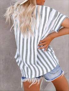 Calvaya Women's Striped Bat-Wing Short Sleeve Casual Single-Breasted Loose Blouse