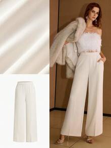 MOTF PREMIUM 女士简约优雅压褶阔腿裤，秋冬 - 米色 - 查看 8