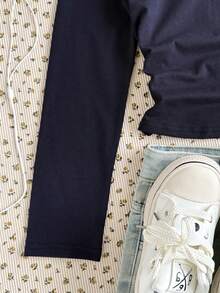 少女白色针织长袖T恤，时尚百搭休闲基础款 - 藏蓝色 - 查看 4