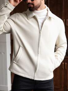 Manfinity Homme 加大码男士长袖休闲纯色简约拉链外套，秋季米色男士米色外套 白色 - 杏色 - 查看 3