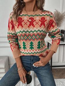 EMERY ROSE Women's Casual Gingerbread Man Pattern Crew Neck Long Sleeve Sweater, Autumn/Winter - Apricot - View 3
