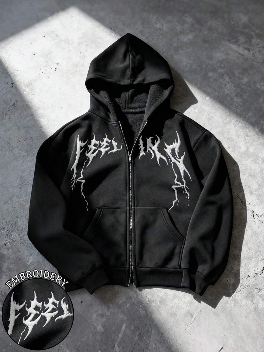 Manfinity EMRG 男士刺绣双头拉链连帽卫衣，冬季男士圣诞节礼物，舒适秋冬款式，长袖上衣 - 黑色 - 查看 1