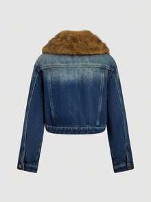 Sweetra Fashionable Casual Retro Vintage Faux Fur Collar Composite Fleece Denim Jacket - Medium Wash - View 6