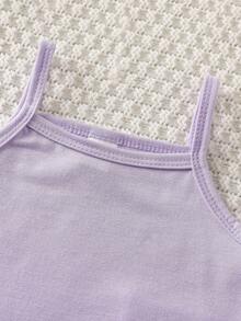 SHEIN Playful Pals 3件套女婴时尚别致套装：格子长袖衬衫+背带短款露脐上衣+喇叭牛仔裤休闲套装 - 紫色 - 查看 3