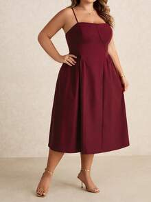 SHEIN CURVE+ Elegant Women's Spaghetti Strap Long Puff Dress, Suitable For Daily Dates, Outings, Nightclubs, Parties, Autumn Season/Christmas