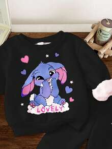 黑色，可爱卡通蓝色兔子图案，女婴休闲简约加厚柔软圆领长袖套头卫衣搭配喇叭裤，时尚套装，适合秋冬季穿着。 - 彩色 - 查看 4