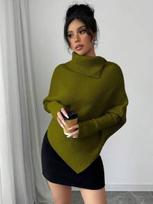 Elenzga 女士经典不对称蝙蝠袖纯色高领针织毛衣，时尚百搭，适合假日和度假穿着 - 綠色 - 查看 5