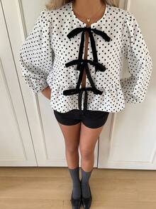CovetEZ 波点印花系带休闲女式衬衫 - 黑與白 - 查看 4