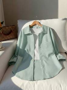 Tween Girl Striped Sun Protection Shirt, Japanese And Korean Style, Spring And Summer,Holiday,Summer,Travel