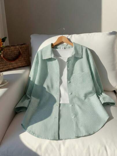 Tween Girl Striped Sun Protection Shirt, Japanese And Korean Style, Spring And Summer,Holiday,Summer,Travel