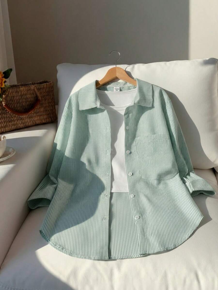 Tween Girl Striped Sun Protection Shirt, Japanese And Korean Style, Spring And Summer,Holiday,Summer,Travel