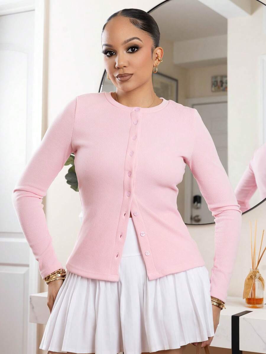 Melissa Matos Ribbed Button Through Long Sleeve Crew Neck Top Casual Vacation Back To School Fall Autumn - Pink - View 1