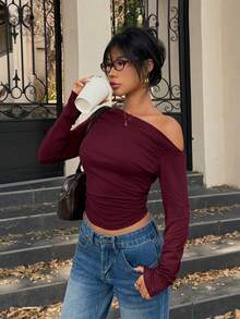 Lunelith SHEIN Lunessa Camiseta corta ajustada con cuello asimétrico y fruncido, de color liso, de estilo fashionista para el día a día