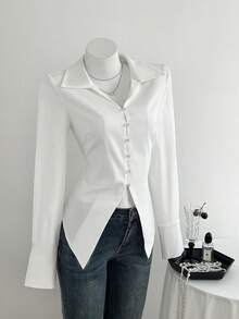 SHEIN Unity Áo sơ mi nữ tay dài cài nút, dáng ôm, viền bất đối xứng - trắng - Xem 5