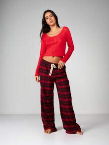 MISSGUIDED Plaid Pajama Set With Ribbed Long Sleeve Top And Drawstring Pants For Winter Comfort - Red - View 4