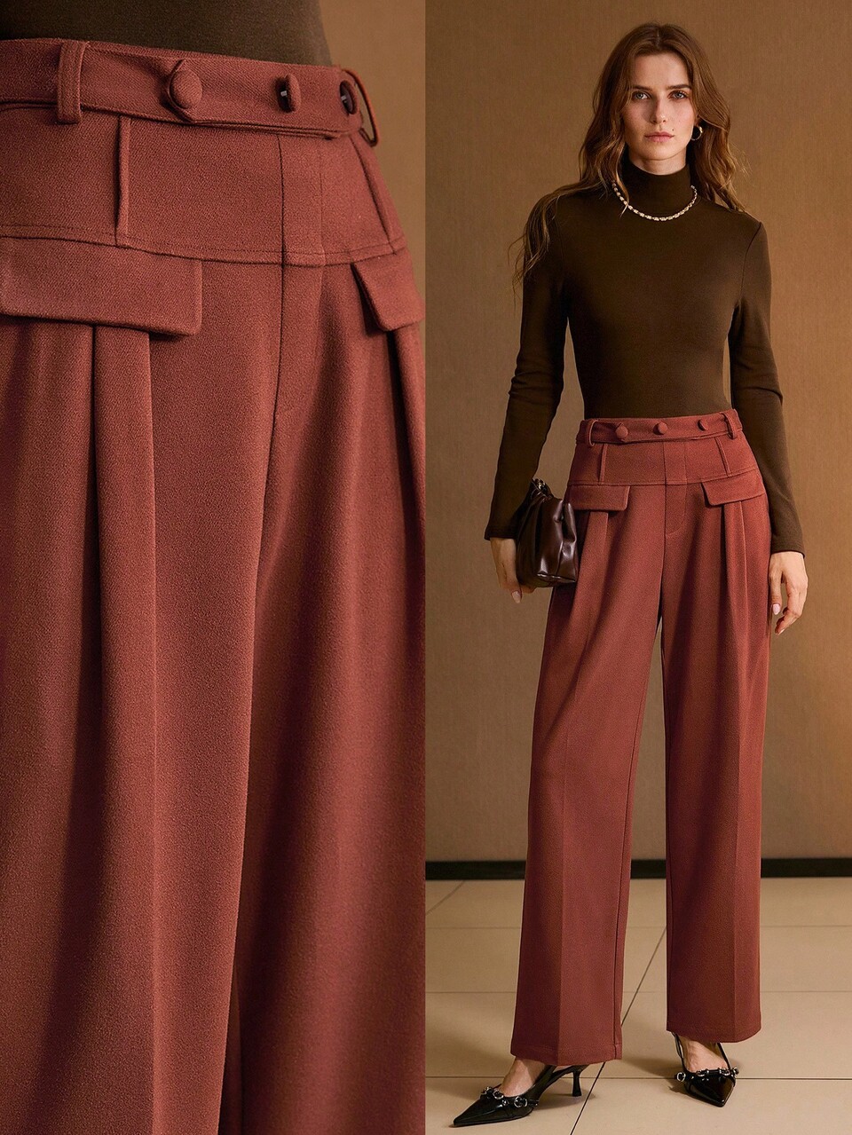 WOMEN'S STRAIGHT-LEG CASUAL TROUSERS, SLIMMING SILHOUETTE, AUTUMN/WINTER, BROWN-RED COLOR