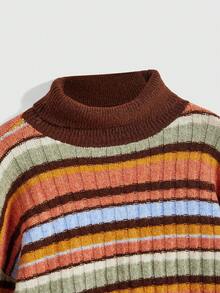 ROMWE Vintage Multi-Color Striped Women Pullover Sweater - Coffee Brown - View 4